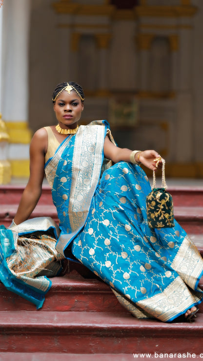Light Blue Katan Silk Banarasi Saree with Silver Zari