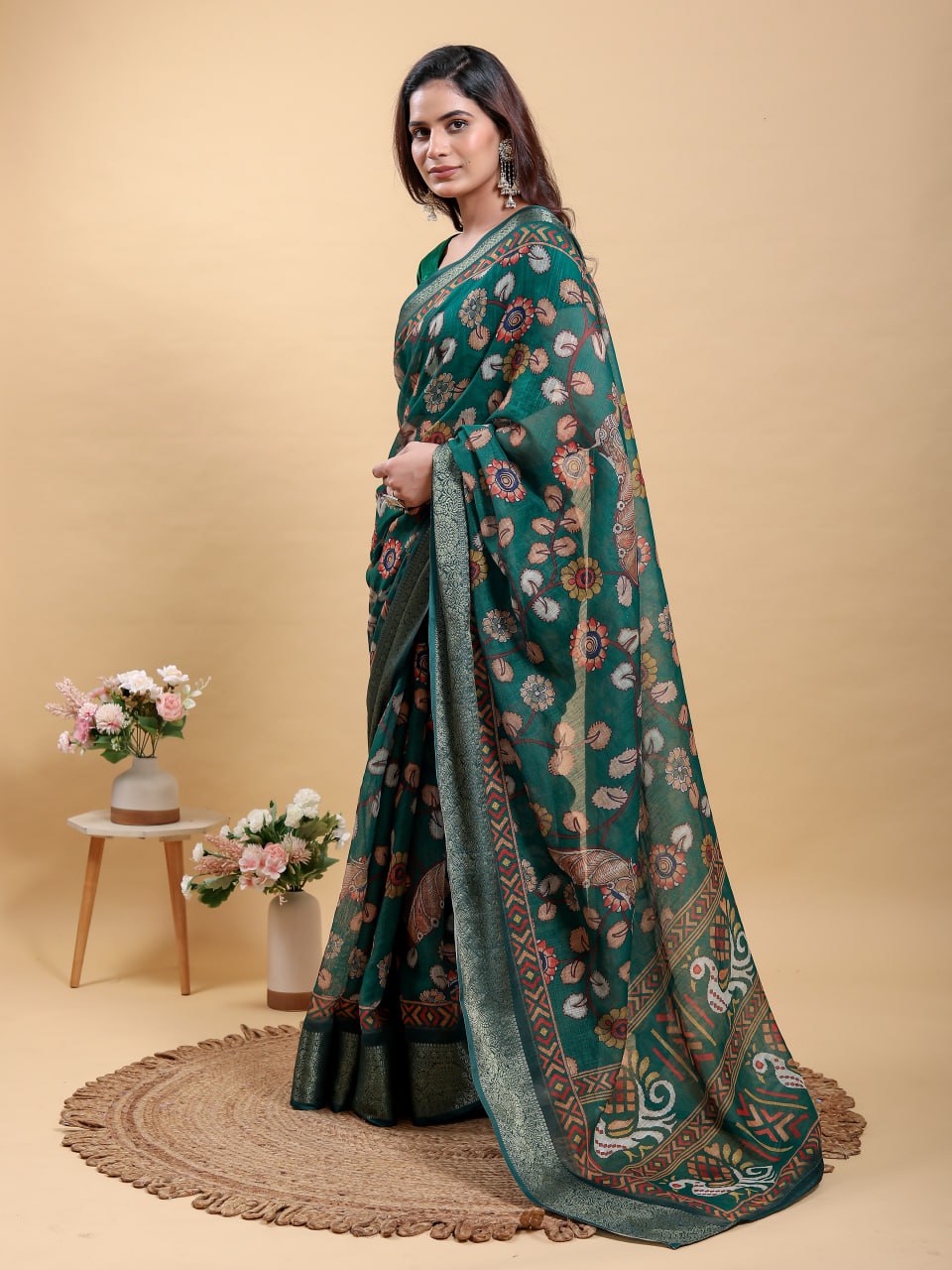 Elegant Forest Green Patola/Pochampally Print Saree with Zari Border