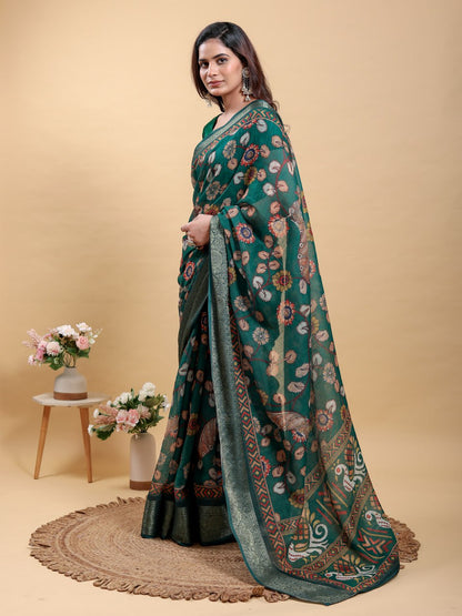 Elegant Forest Green Patola/Pochampally Print Saree with Zari Border