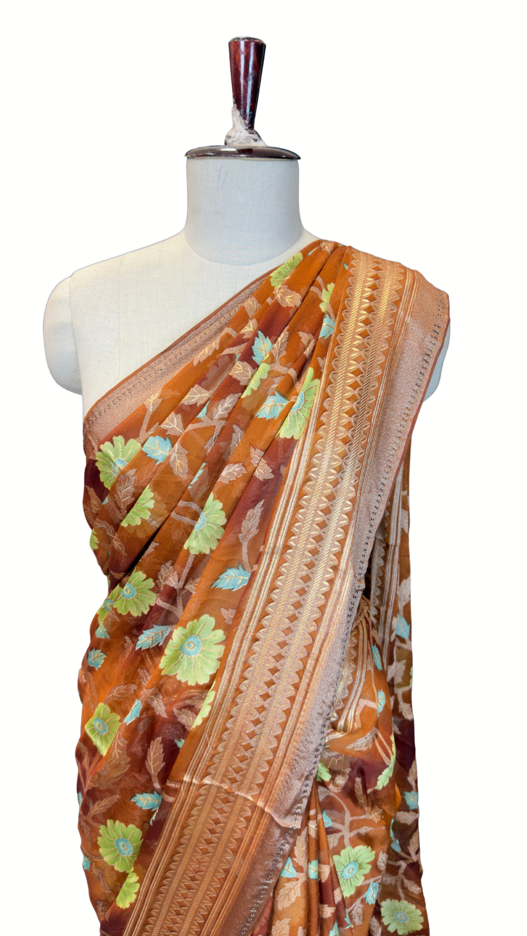 BanaraShe Rust Orange Floral Printed Saree with Multicolour Flowers & Designer Woven Border