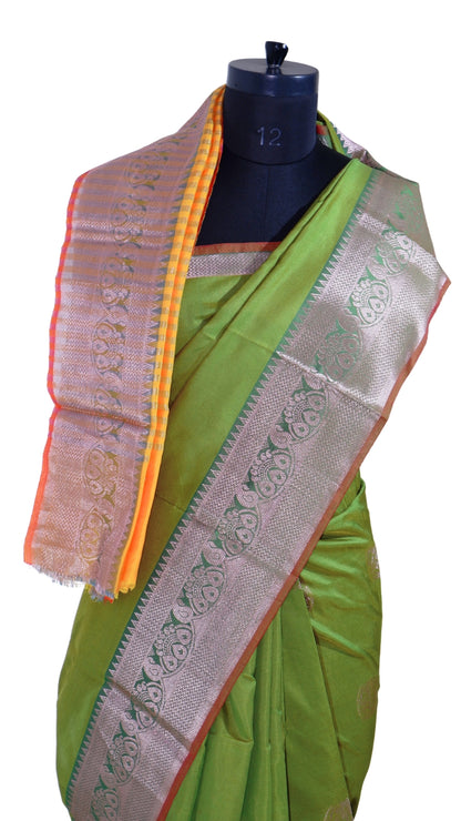 Green with Silver Border Contrast Banarasi Silk Saree
