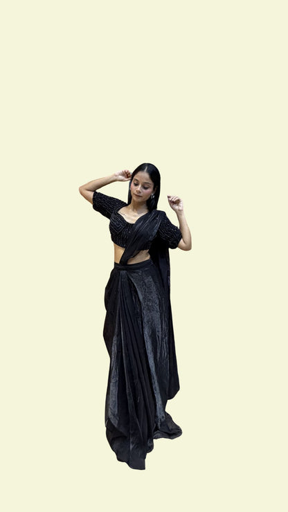 Black Designer Draped Saree with Embellished Blouse