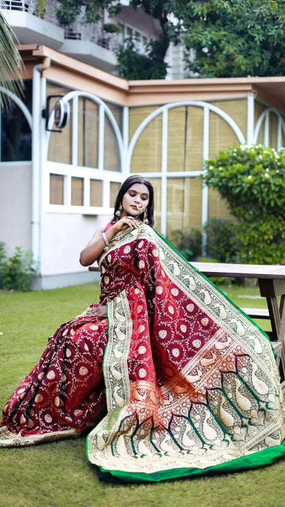 Maharani Wine Banarasi Saree with Emerald Green Woven Pallu