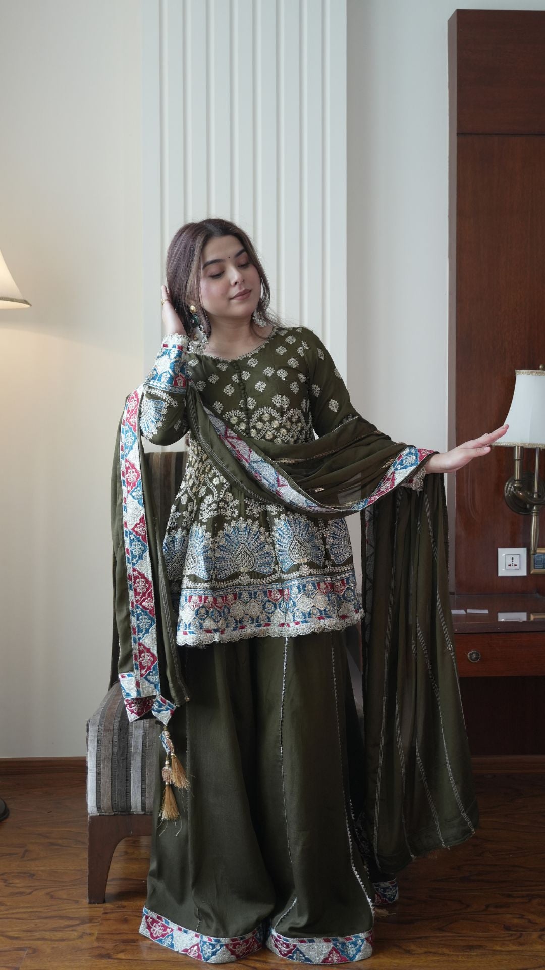 Elegant Olive Green Chinon Embroidered Kurta Palazzo Set with Dupatta