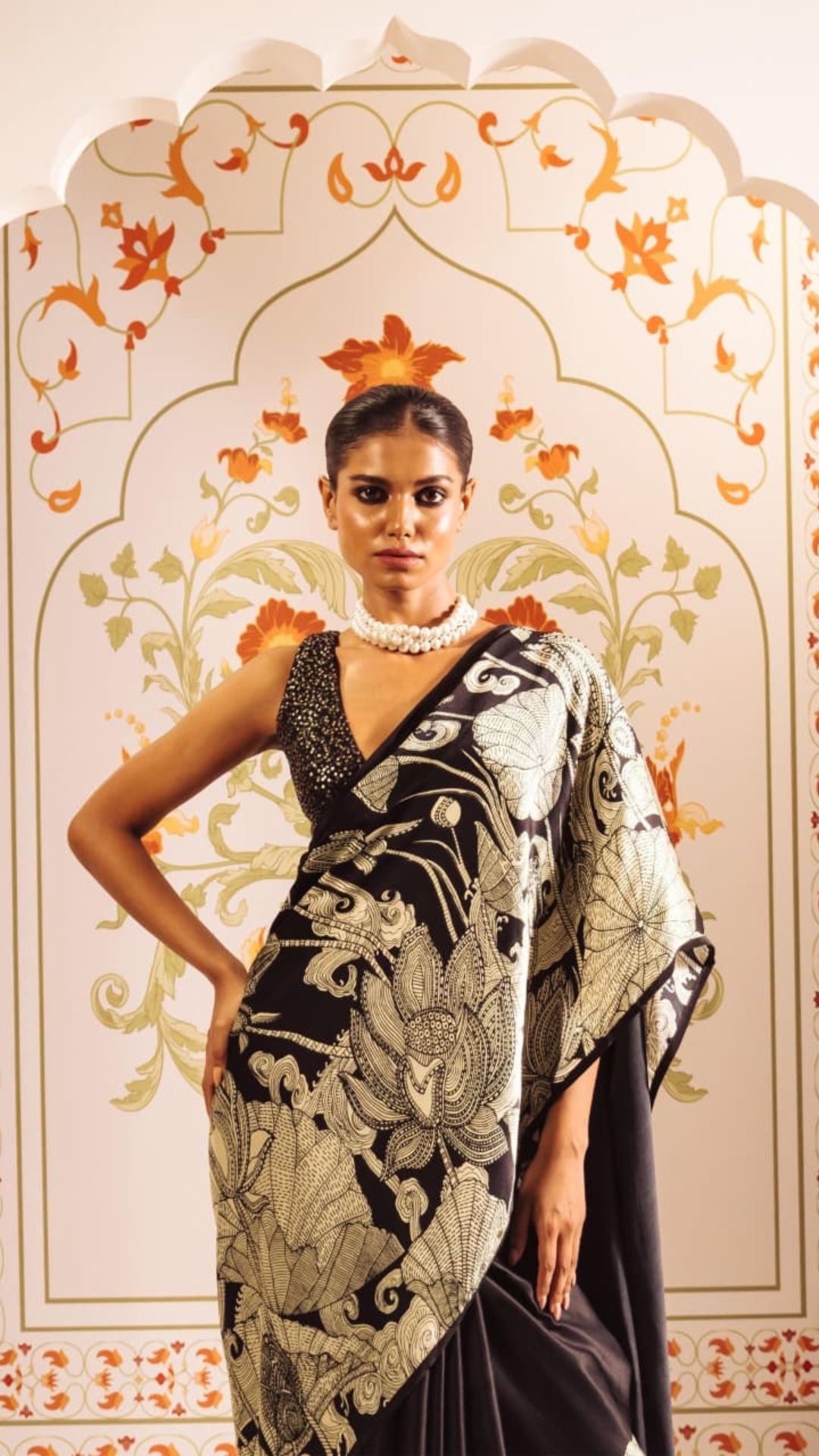 Black Digital Print Original Japan Satin Saree