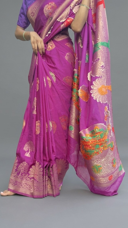 Banarashe Royal Purple Floral Zari Saree