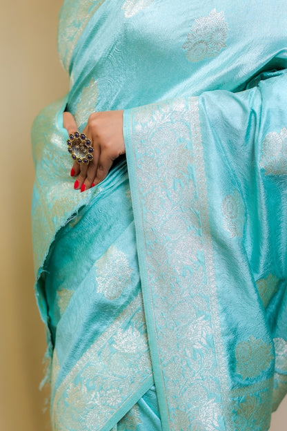 Banarashe Sky Blue Designer Mercerised Banarasi Kataan Monica Silk