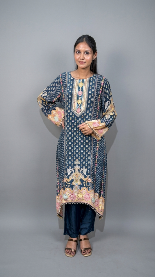 Navy Blue Embroidered High-Low Kurta Set with Tassel Detailing by BanaraShe