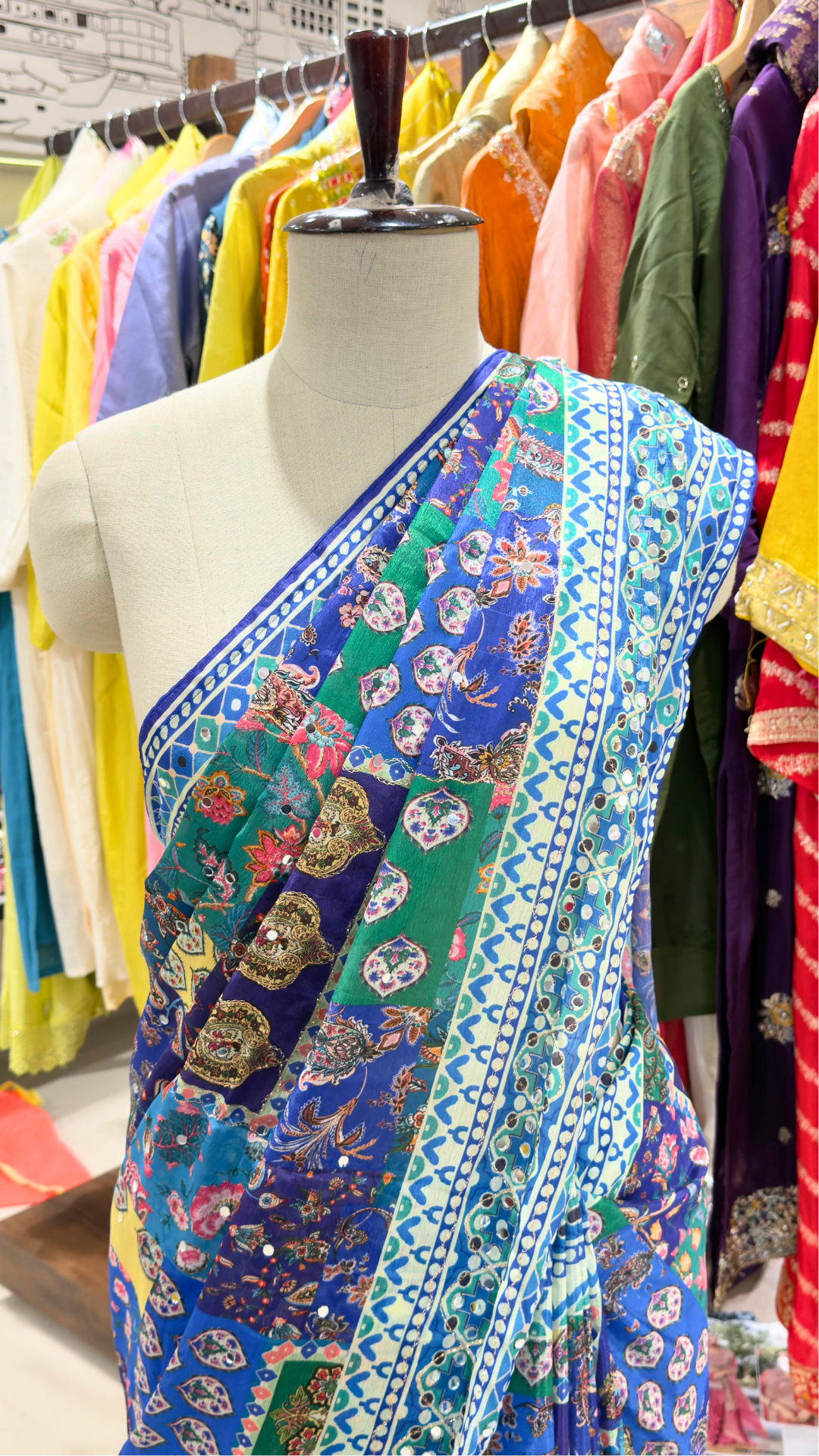 Banarashe Designer Royal Blue Printed Saree with Multicolour Floral & Paisley Motifs, Mirror Work & Printed Border