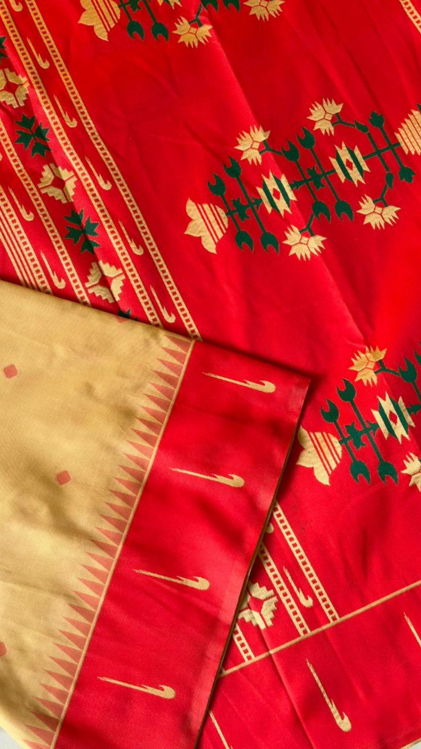 Rich Red & Golden Beige Handloom Soft Silk Saree with Zari Floral
