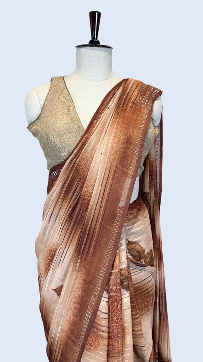 Rust Orange Printed Synthetic Saree with Leaf Print