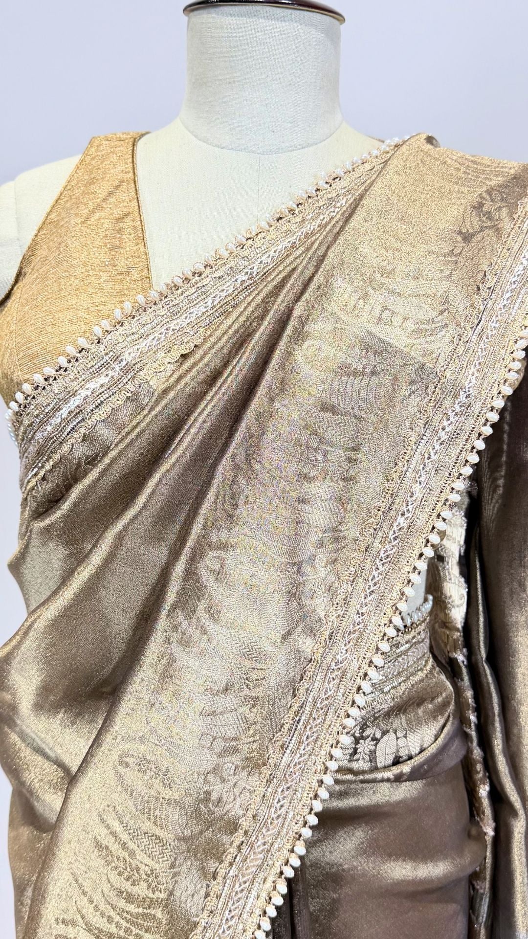 Deep Copper Brown Tissue Saree with Zari & Moti Lace Border