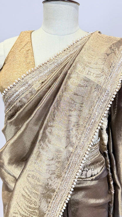 Deep Copper Brown Tissue Saree with Zari & Moti Lace Border