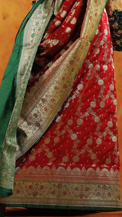Red with Green Border Zari Work Handloom Katan Pure Silk Saree