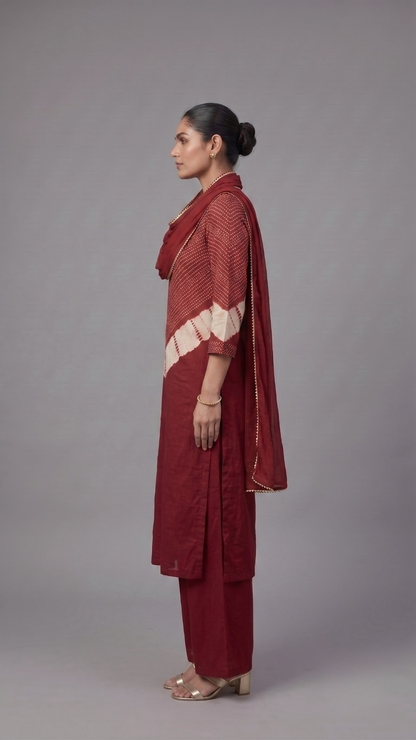 Banarashe Women’s Maroon Printed Straight Kurta with Wide-Leg Palazzo & Matching Draped Dupatta Set