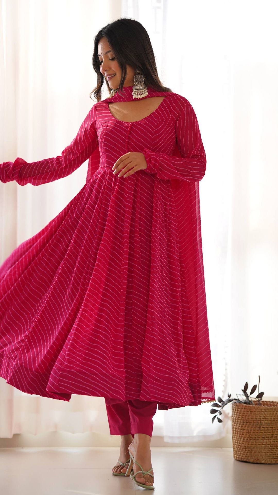 Rani Pink Laheriya Print Fox Georgette Anarkali Suit Set for Women