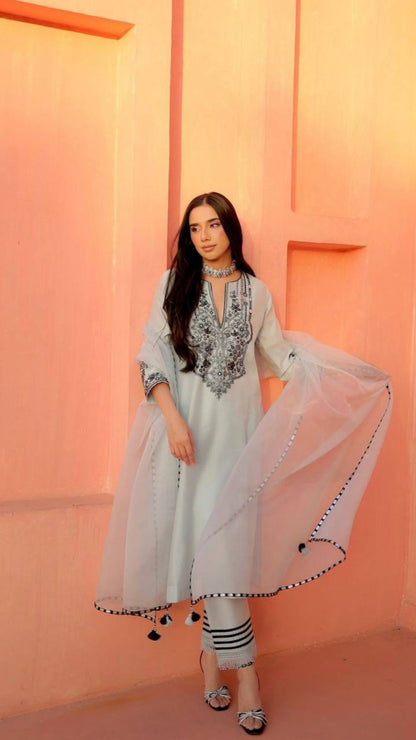 Elegant Georgette Embroidered Kurta Set with Pant & Dupatta (3-Piece Set)
