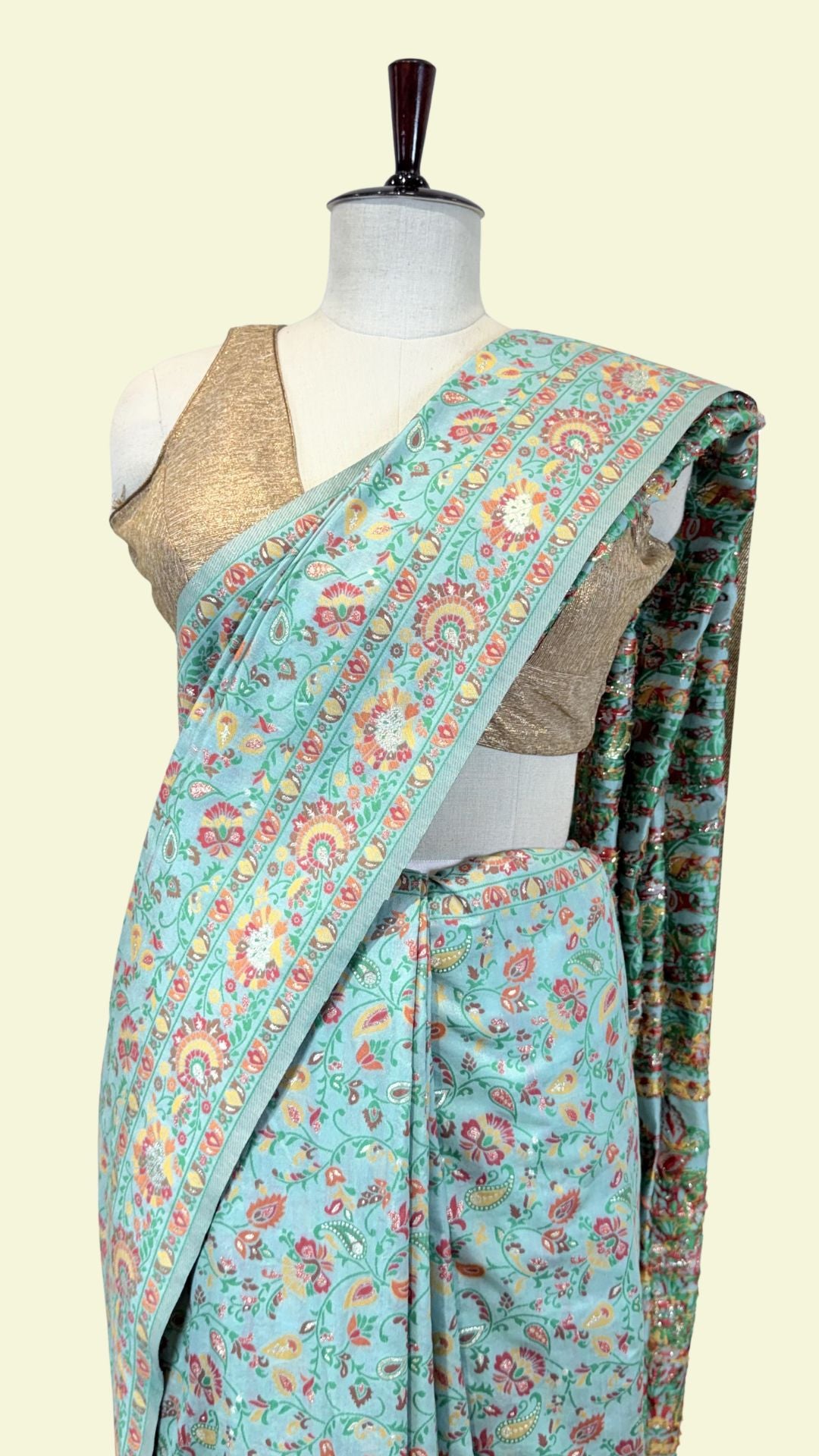 Mint Green Cotton Saree with Floral Meenakari Weaving