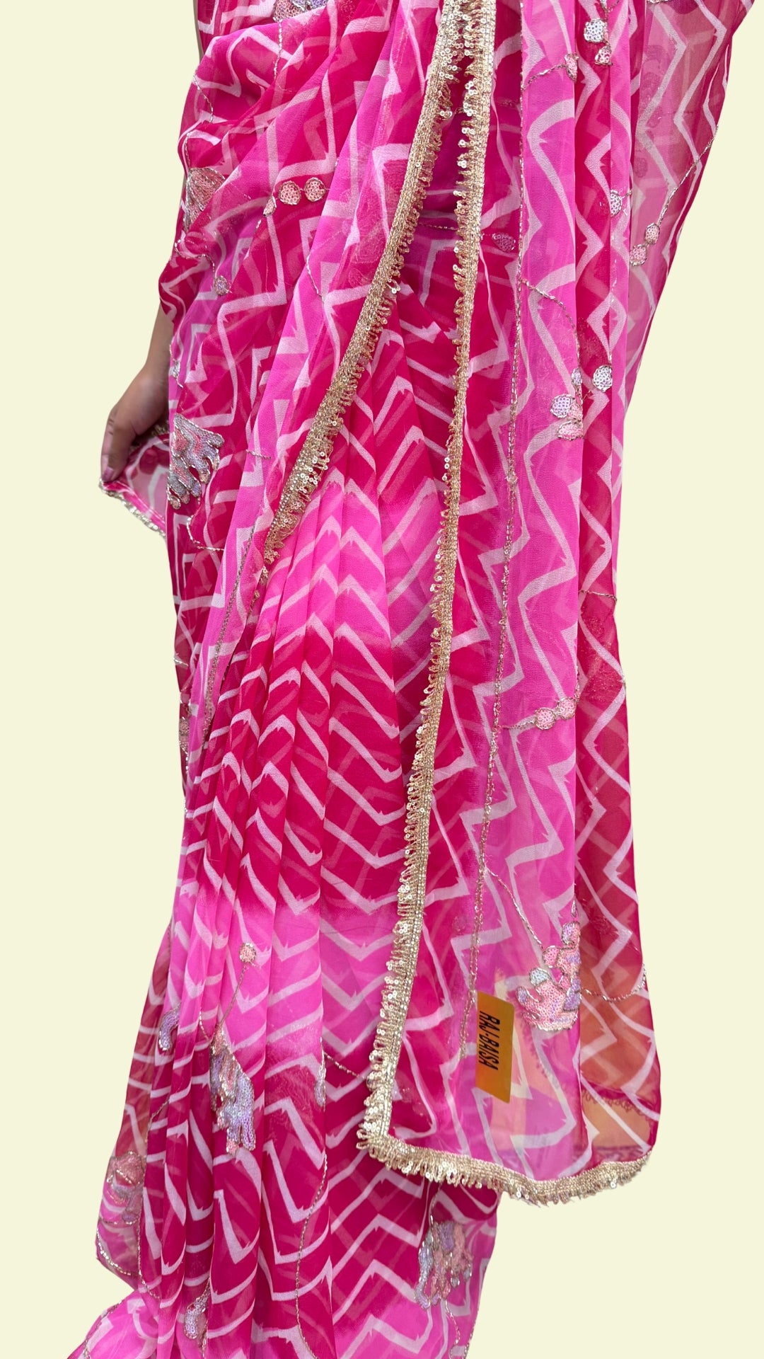 Hot Pink Printed Embellished Chiffon Saree