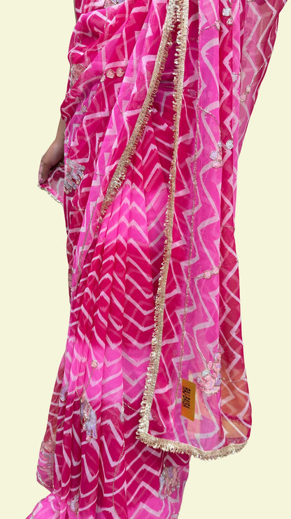 Hot Pink Printed Embellished Chiffon Saree