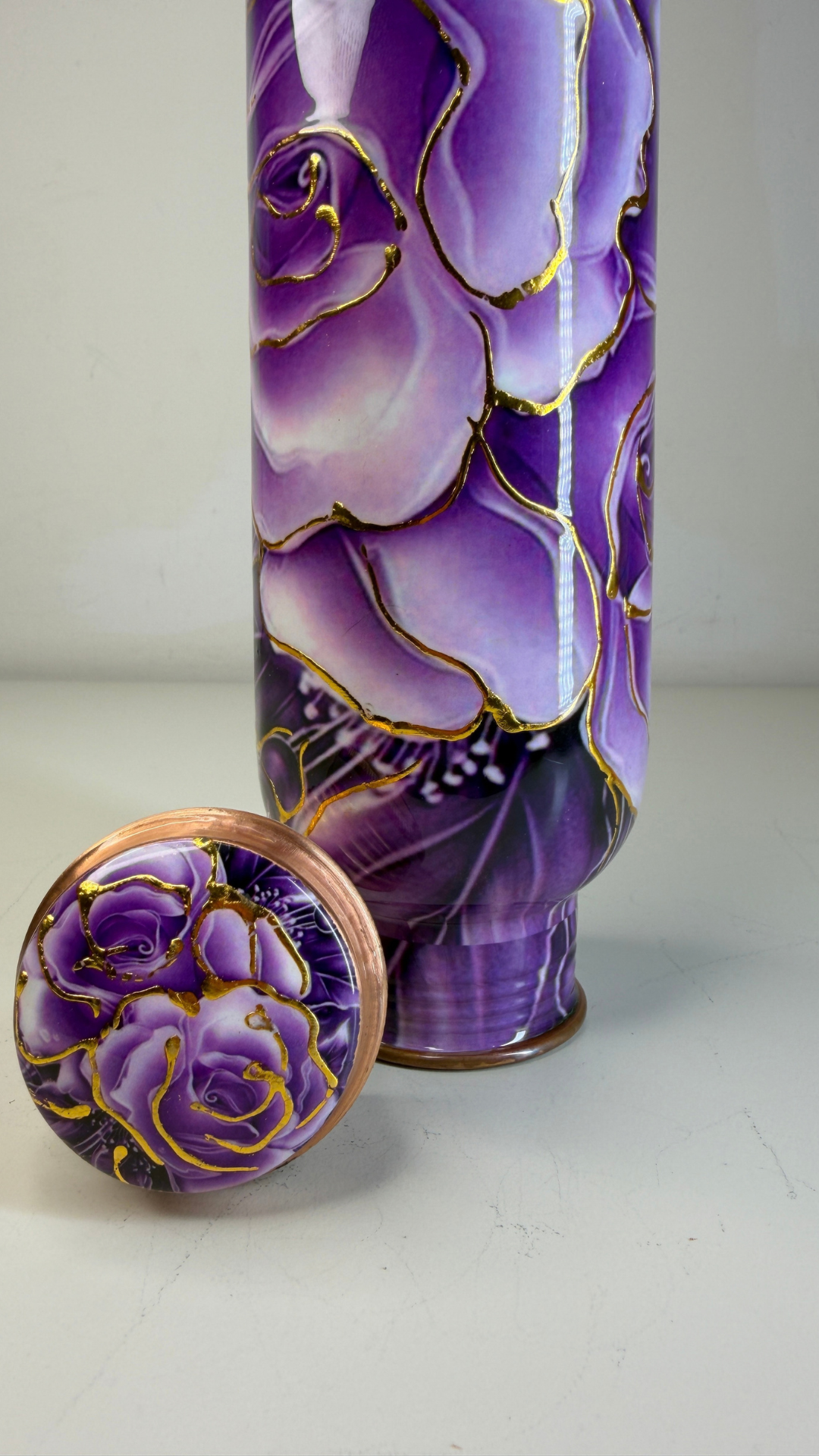 Hand-Painted Floral Copper Water Bottle – Vibrant Purple Rose Design with Gold Accents
