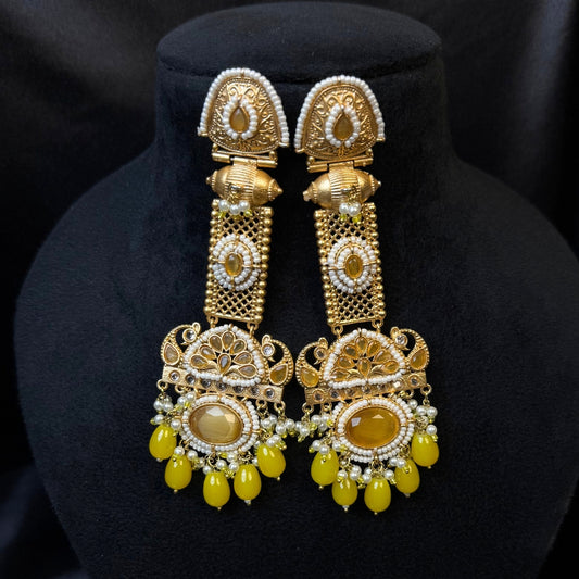 Kashmiri Long Traditional Earrings Yellow Colours