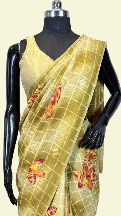 Mustard Yellow Geometric Floral Print Synthetic Saree