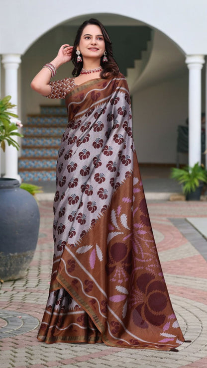Elegant Grey & Brown Mal Cotton Saree with Woven Floral Design & Rich Pallu