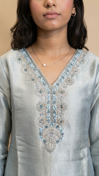 Premium Ice Blue Shimmer Embroidered Straight Kurta With Pant & Dupatta Set