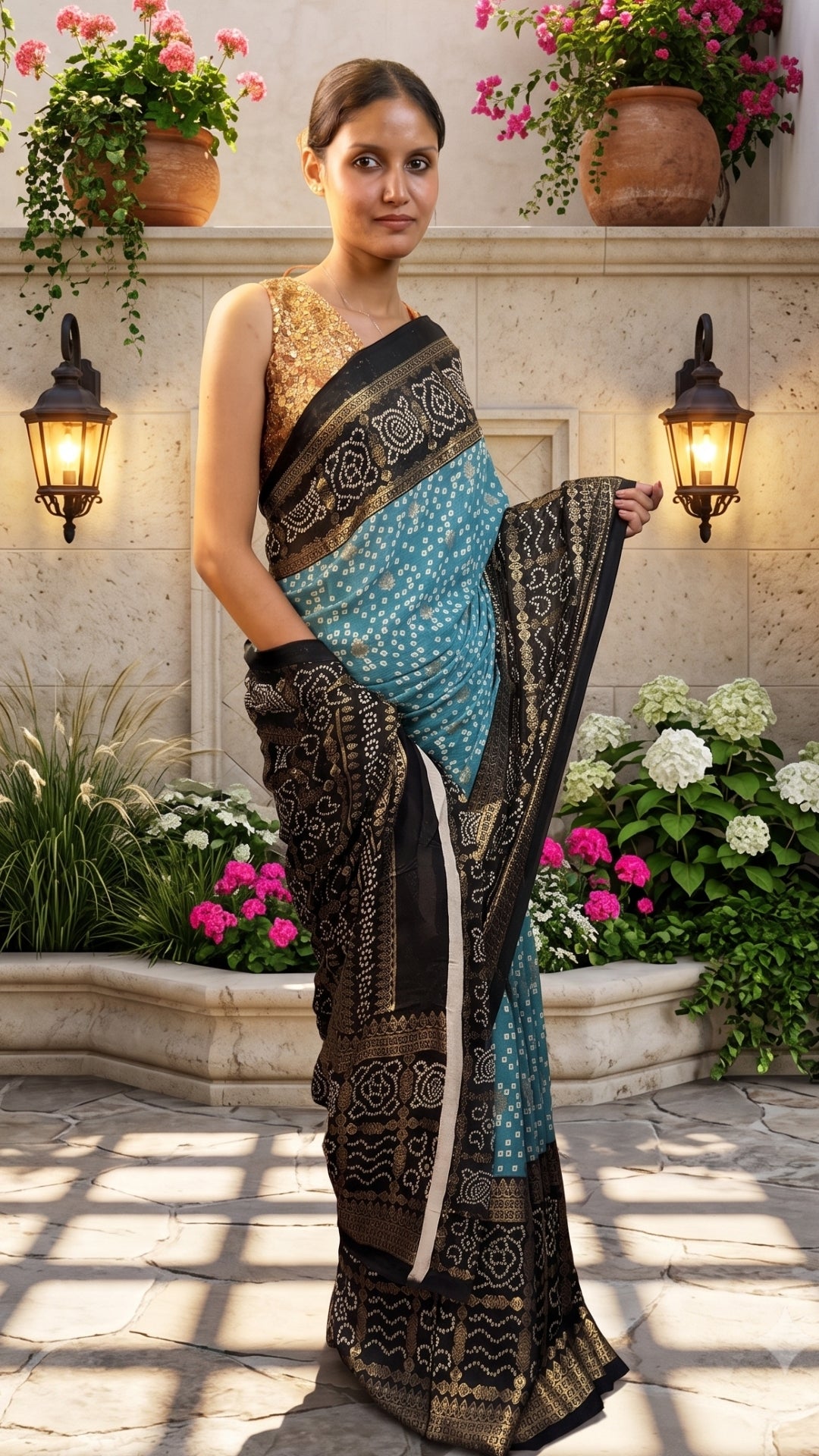 Banarashe Teal Blue Bandhani Saree with Black Printed Border
