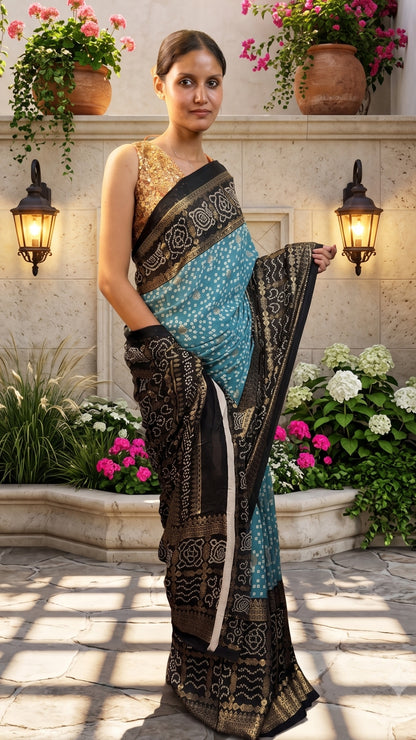 Banarashe Teal Blue Bandhani Saree with Black Printed Border