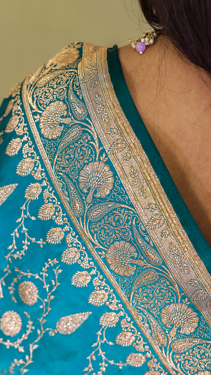 Peacock Teal Banarasi Silk Saree with Antique Zari Weave