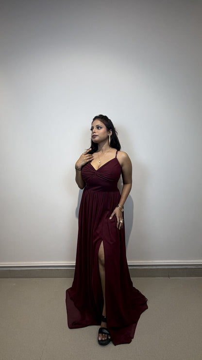 Wine Red Georgette Slit Party Wear Gown for Women