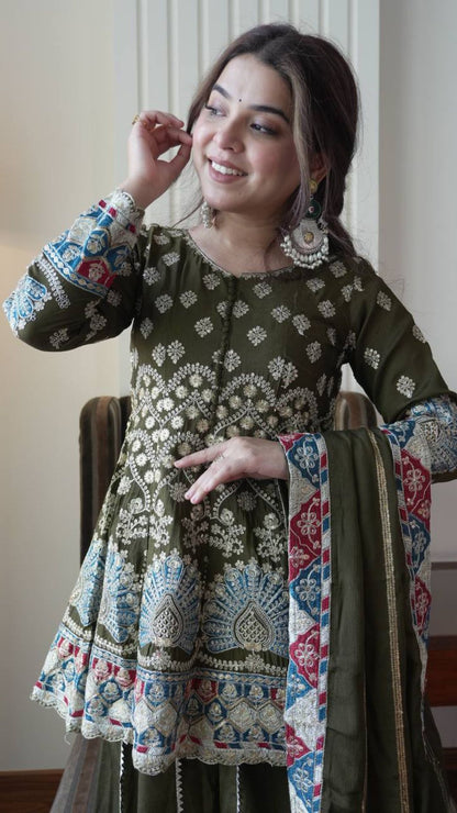 Elegant Olive Green Chinon Embroidered Kurta Palazzo Set with Dupatta