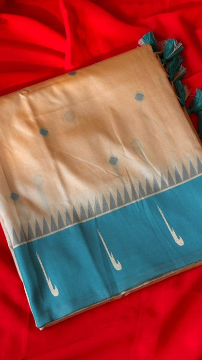 Mustard Yellow & Teal Green Handloom Soft Silk Saree