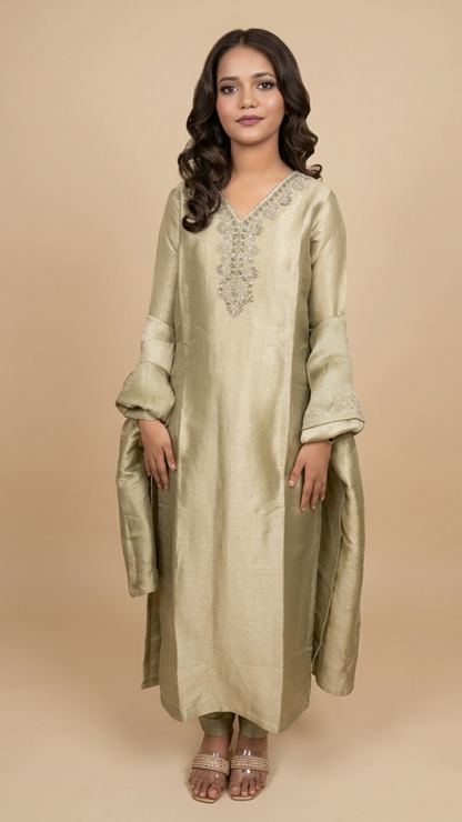 Premium Golden Olive Shimmer Embroidered Straight Kurta With Pant & Dupatta Set