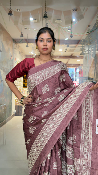 The Royal Mauve Plum Saree – Traditional Elephant Motif Soft Silk