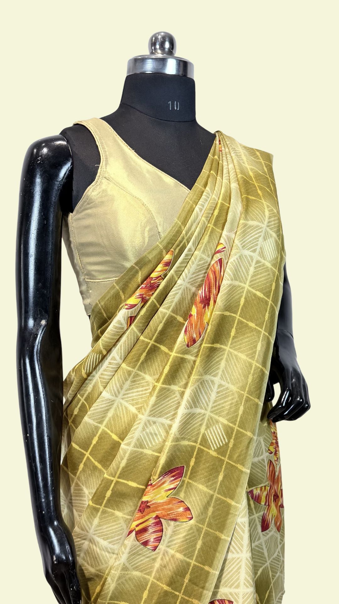 Mustard Yellow Geometric Floral Print Synthetic Saree