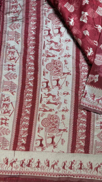 Banarashe Pure Cotton Banarasi Saree in Deep Red with Folk Motifs