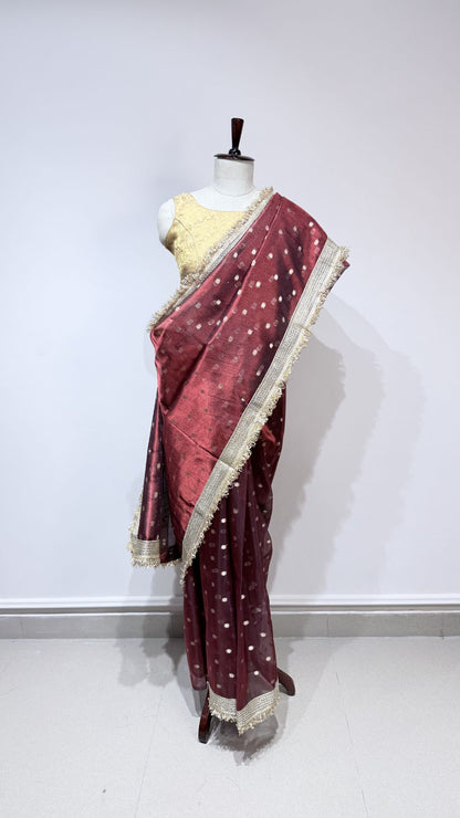 Red Tissue Saree with Lace Border