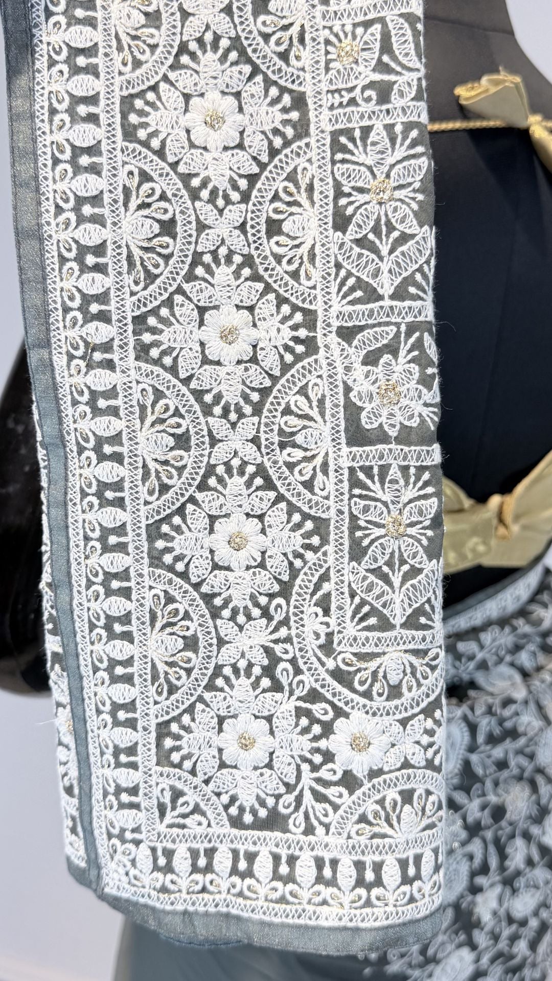 Grey Semi Chikankari Embroidered Saree for Women