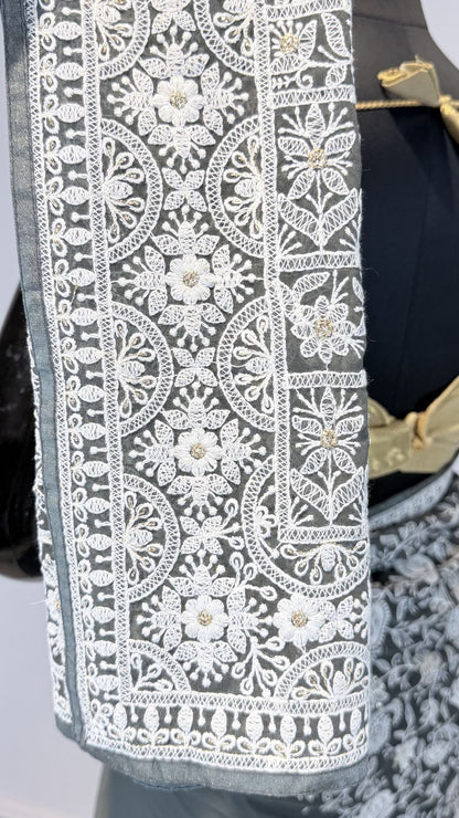 Grey Semi Chikankari Embroidered Saree for Women