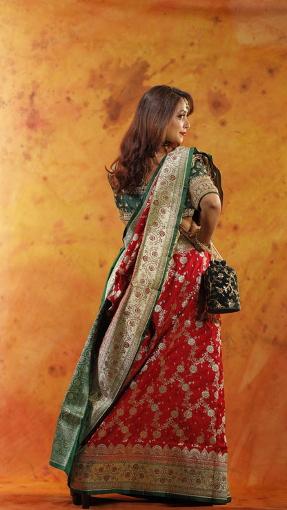 Red with Green Border Zari Work Handloom Katan Pure Silk Saree