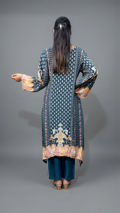 Navy Blue Embroidered High-Low Kurta Set with Tassel Detailing by BanaraShe