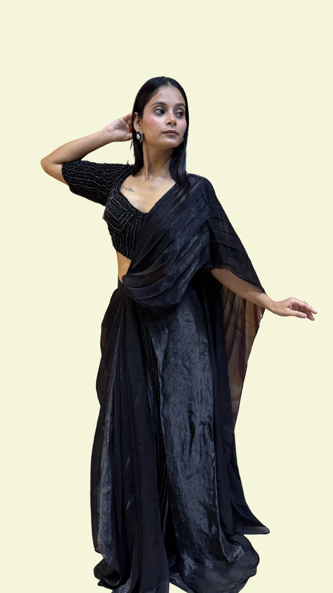 Black Designer Draped Saree with Embellished Blouse