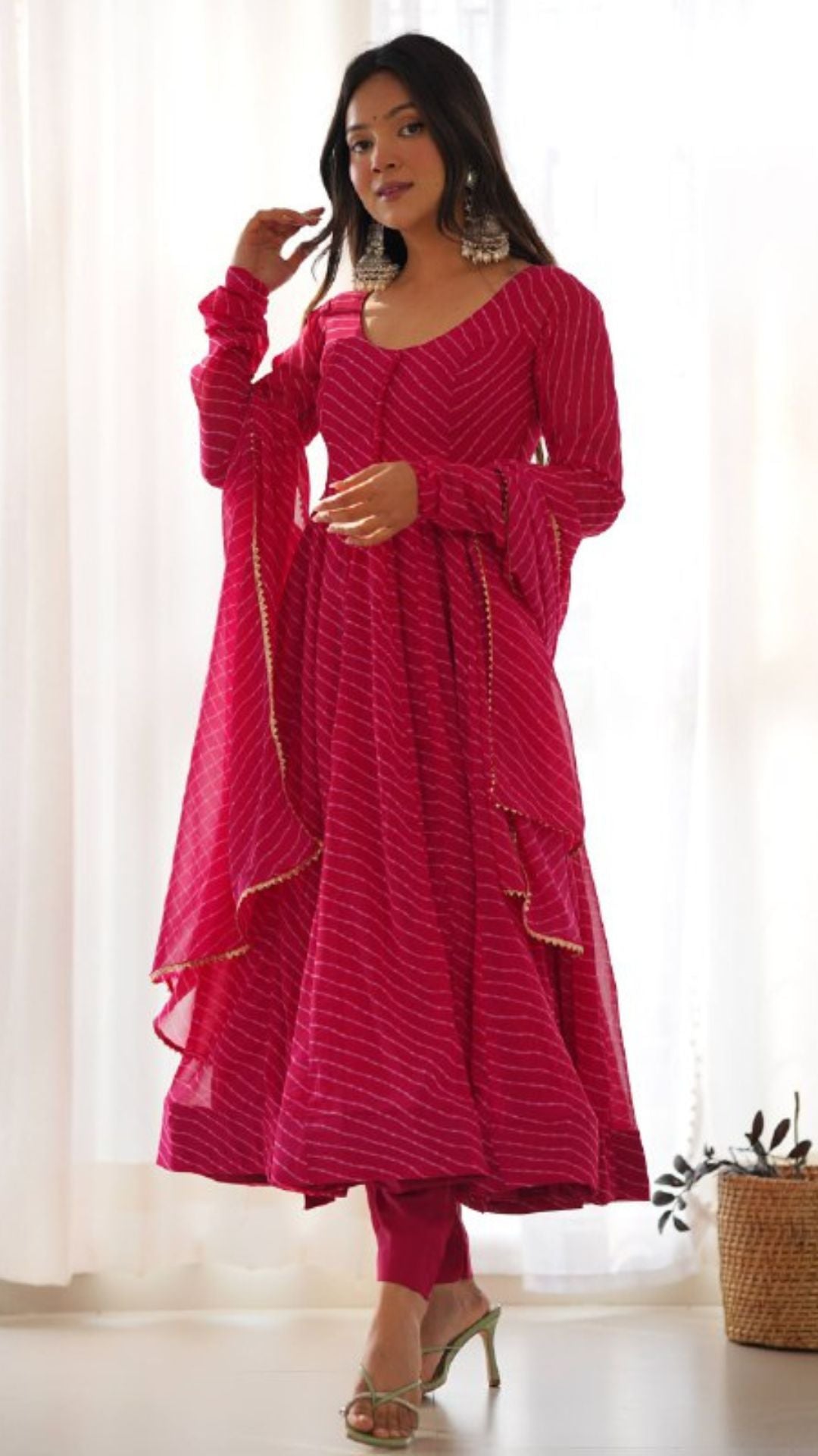 Rani Pink Laheriya Print Fox Georgette Anarkali Suit Set for Women
