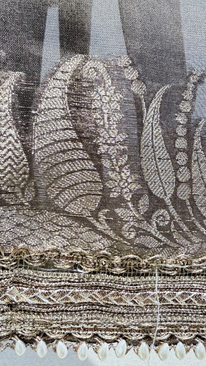 Deep Copper Brown Tissue Saree with Zari & Moti Lace Border