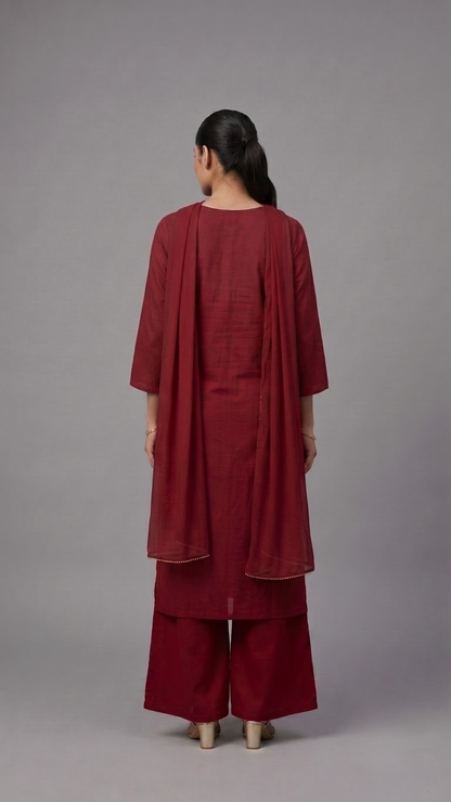 Banarashe Women’s Maroon Printed Straight Kurta with Wide-Leg Palazzo & Matching Draped Dupatta Set