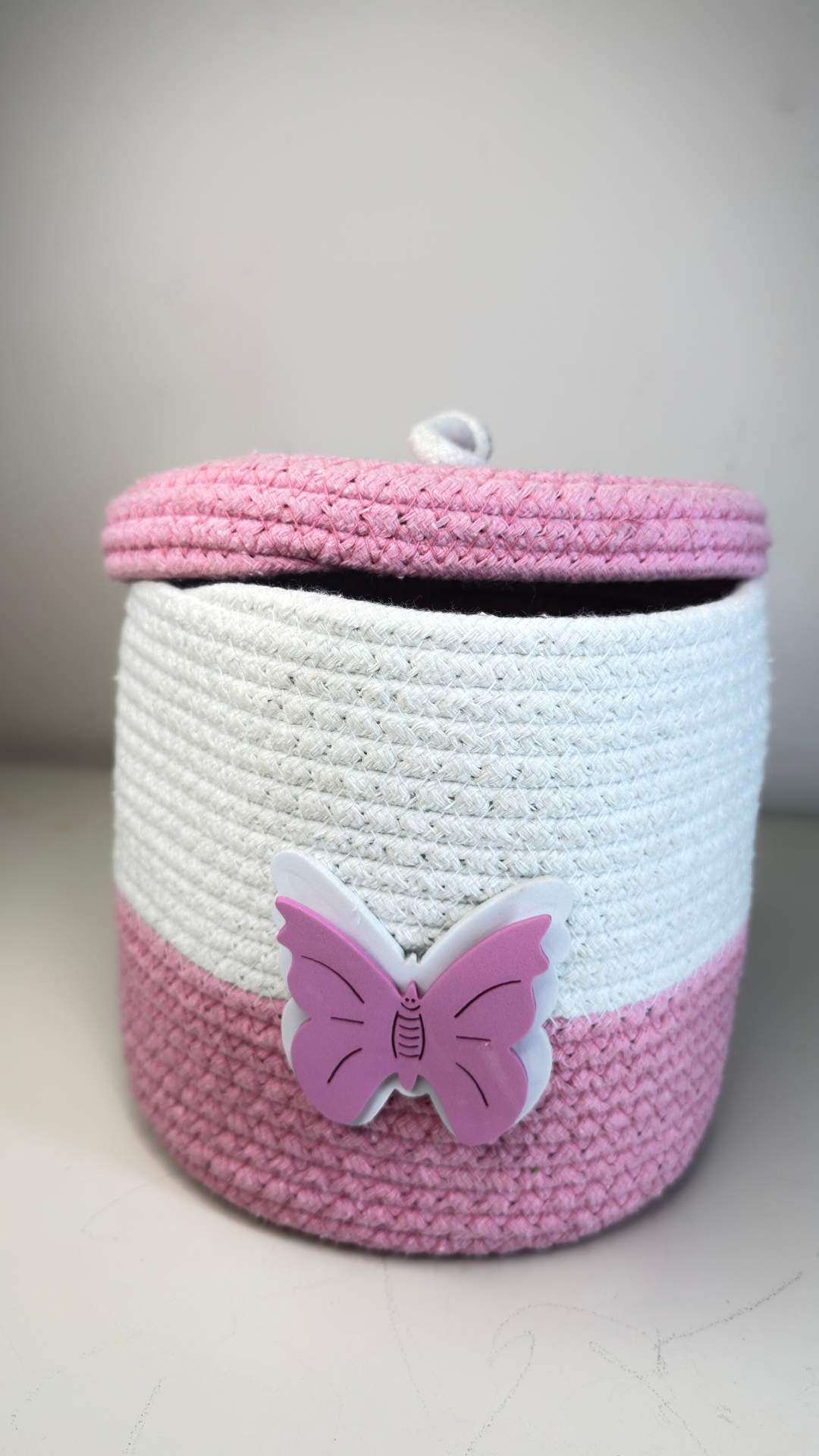 Cute Two-Tone Coiled Rope Nursery Basket with Decorative Pink Butterfly