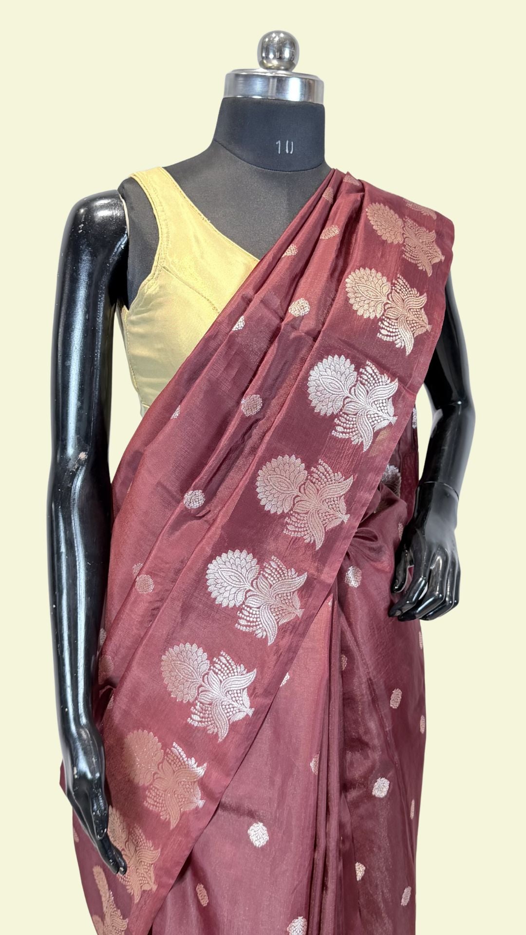 Wine Raw Mango Silk Saree with Floral Weaving